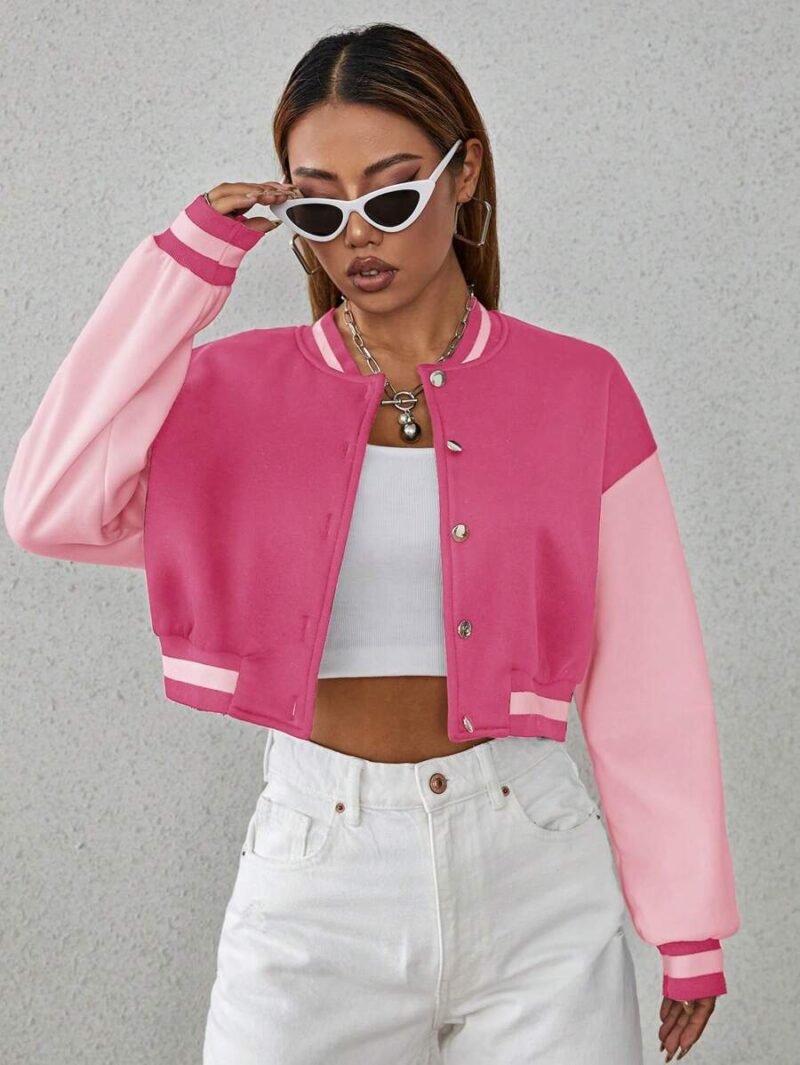 Drop Shoulder Two Tone Crop Varsity Jacket