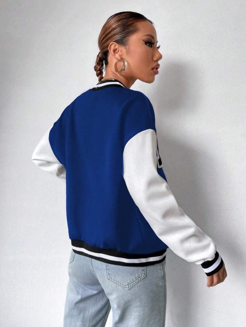 Letter Patched Striped Trim Drop Shoulder Two Tone Varsity Jacket