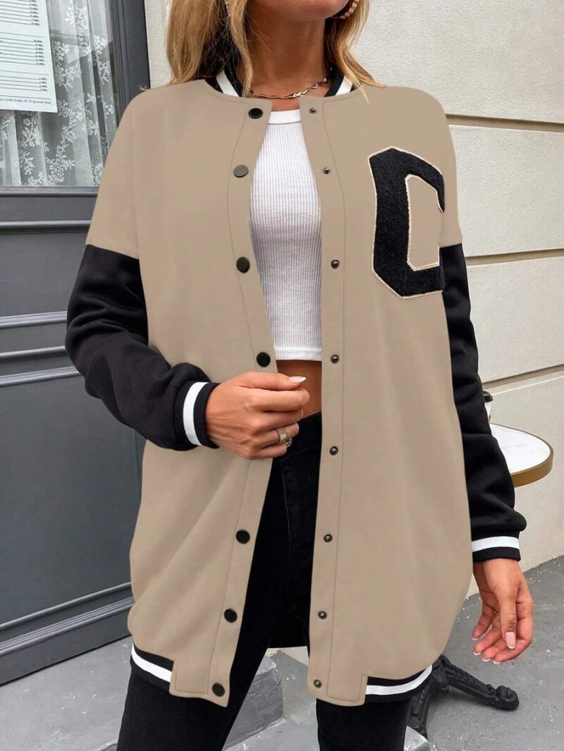 Letter Patched Striped Trim Drop Shoulder Varsity Jacket