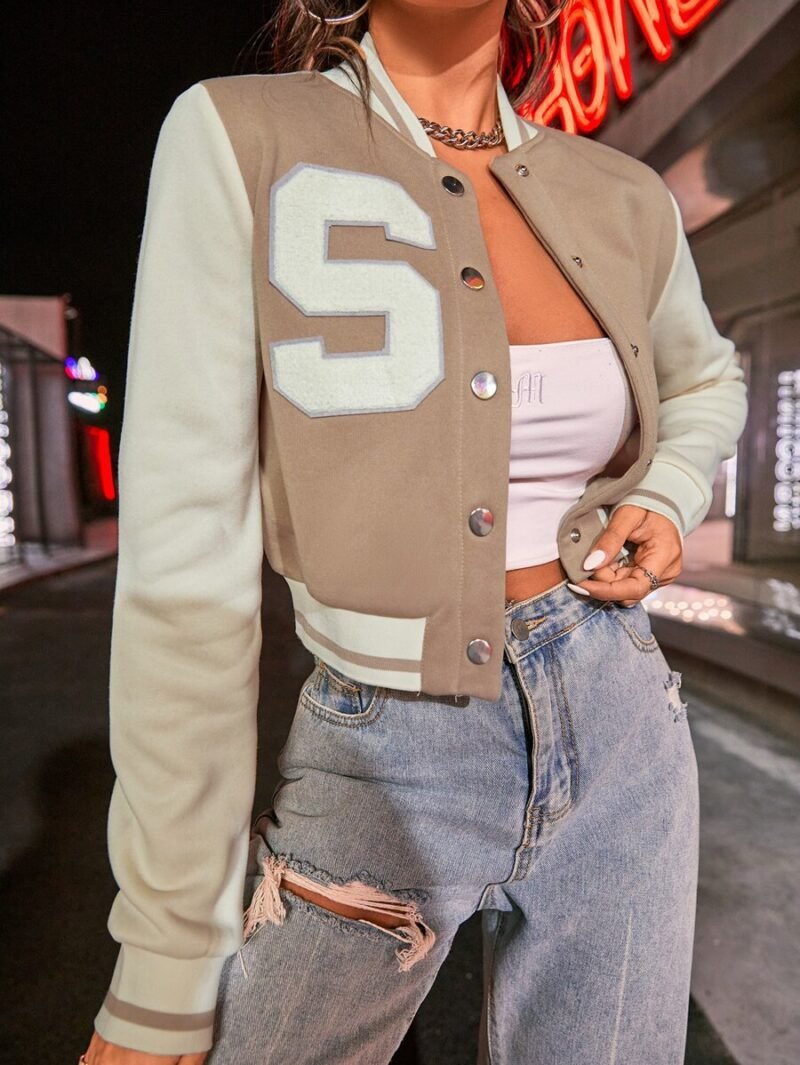 Sporty Letter Pattern Contrast Color Single Breasted Baseball Jacket