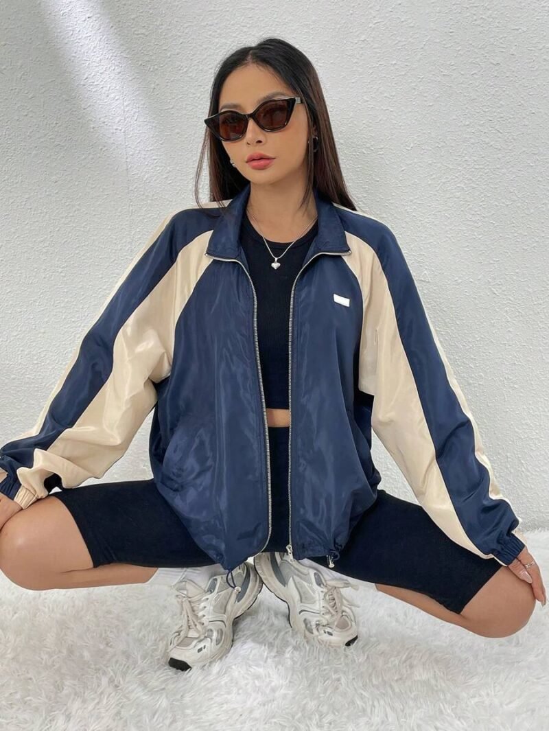 Colorblock Raglan Sleeve Drawstring Hem Zip Up Windbreaker