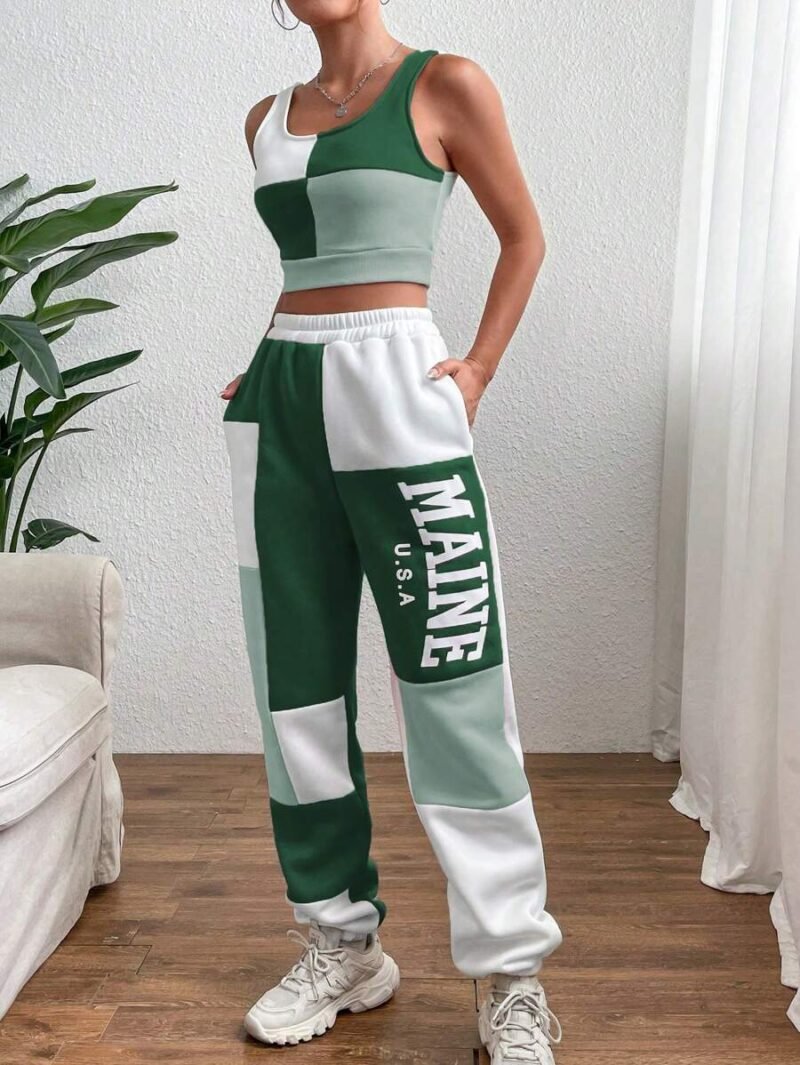 Colorblock Tank Top & Letter Graphic jogger pant