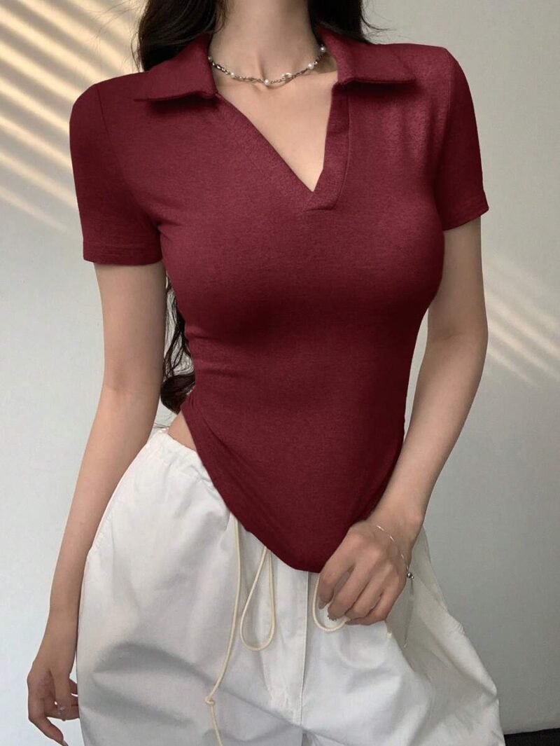 Solid V Collar Short Sleeve Curved Hem Slim Fit Tee