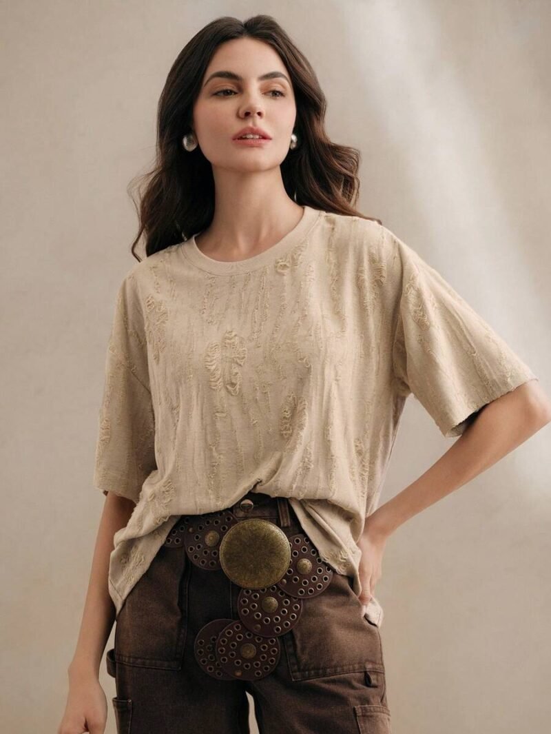 Casual Round Neck Knitted Textured Loose T Shirt