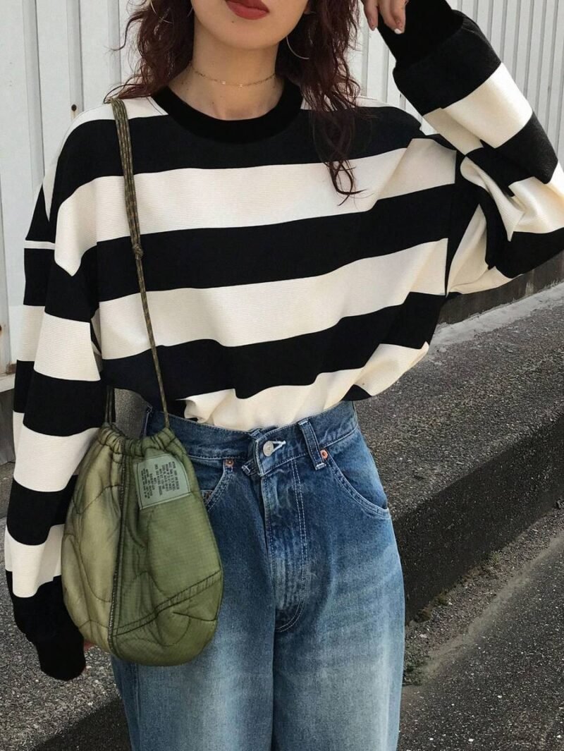 Casual Loose Drop Shoulder Long Sleeve Striped T Shirt