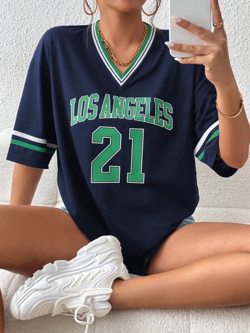 Letter Graphic Striped Trim Drop Shoulder Tee