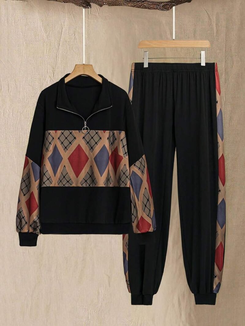 Plus Size Fashionable Printed Casual Sports Sweatshirt Set