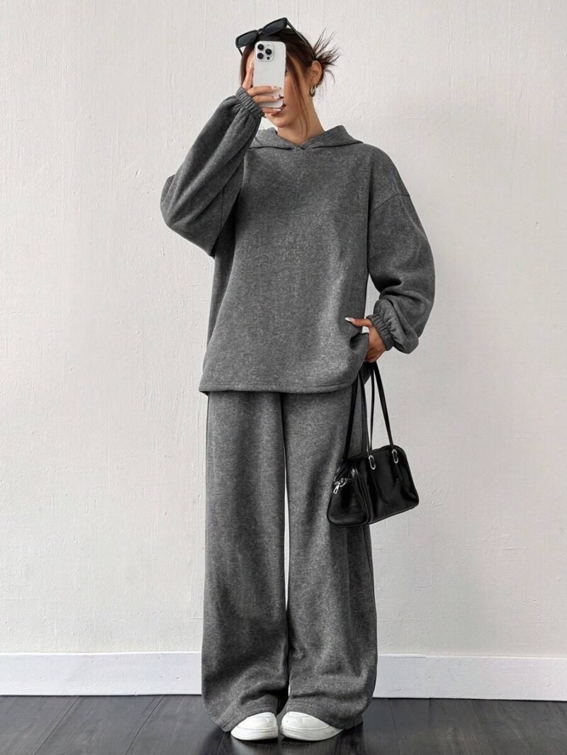 Thermal Lined Hoodie And Wide Leg Sweatpants In Gray