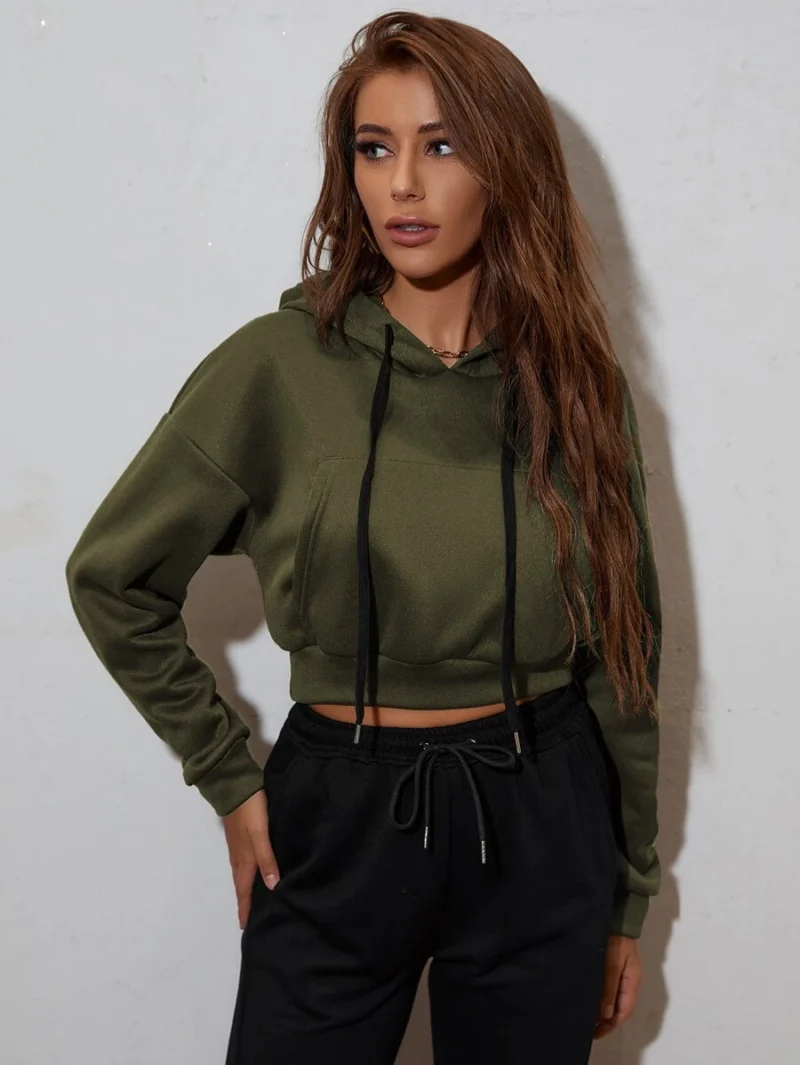 Drop Shoulder Crop Hoodie Long Sleeve Tops