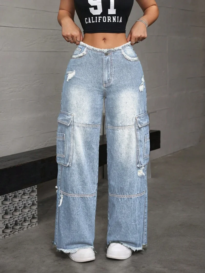 Casual Distressed Loose Fit Denim Cargo Pants