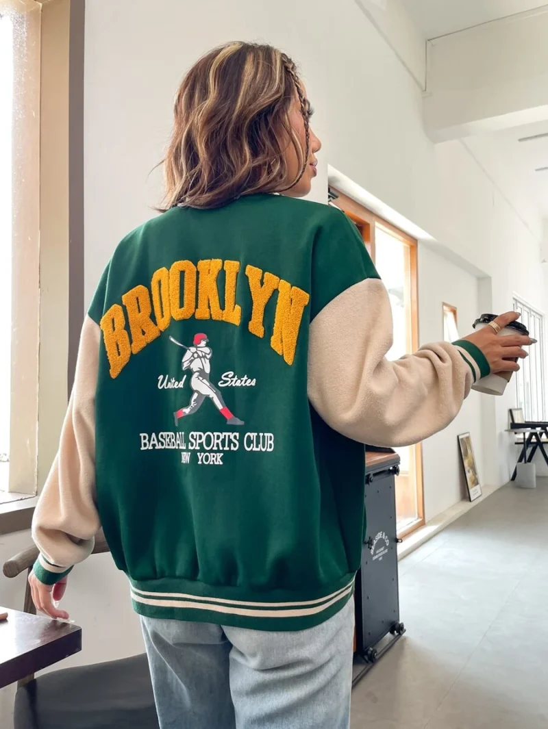 Letter Graphic Drop Shoulder Two Tone Varsity Jacket