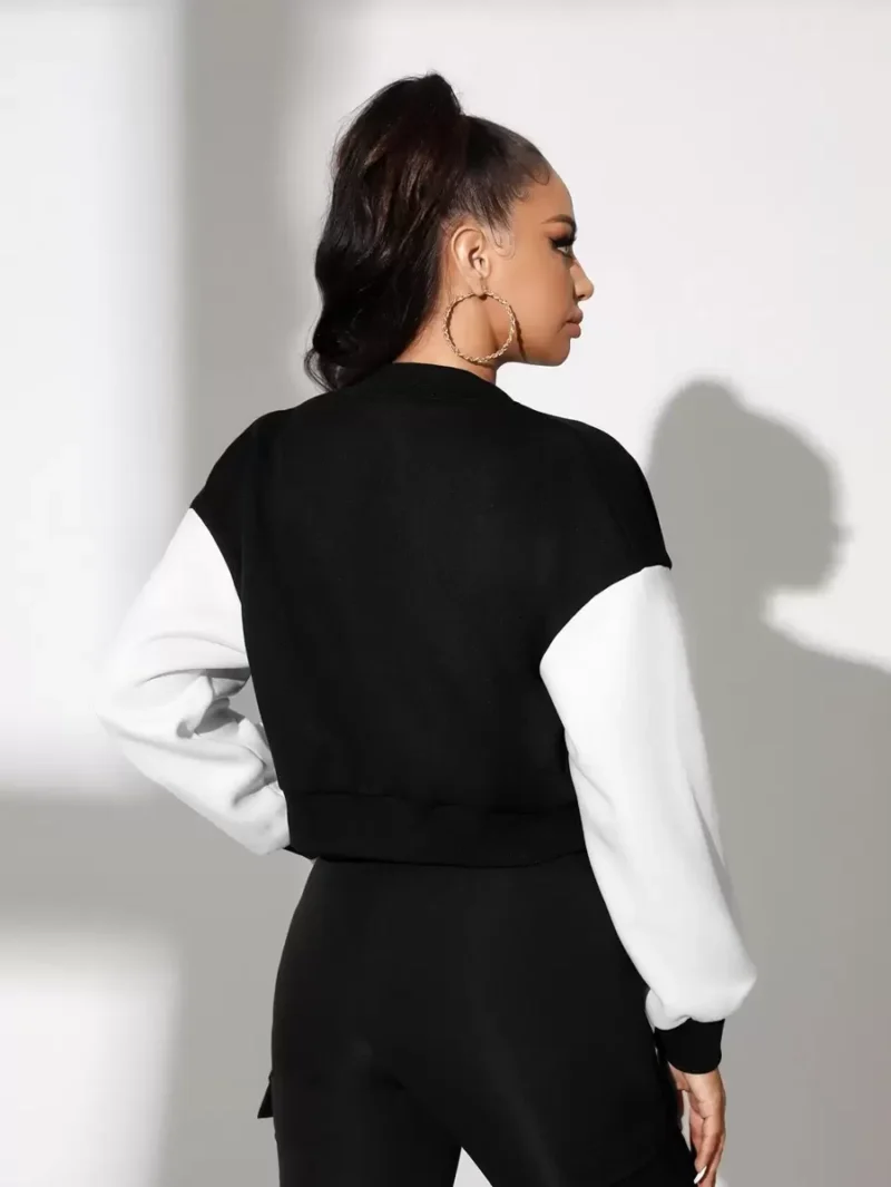 Letter Patch Color Block Off Shoulder Varsity Jacket