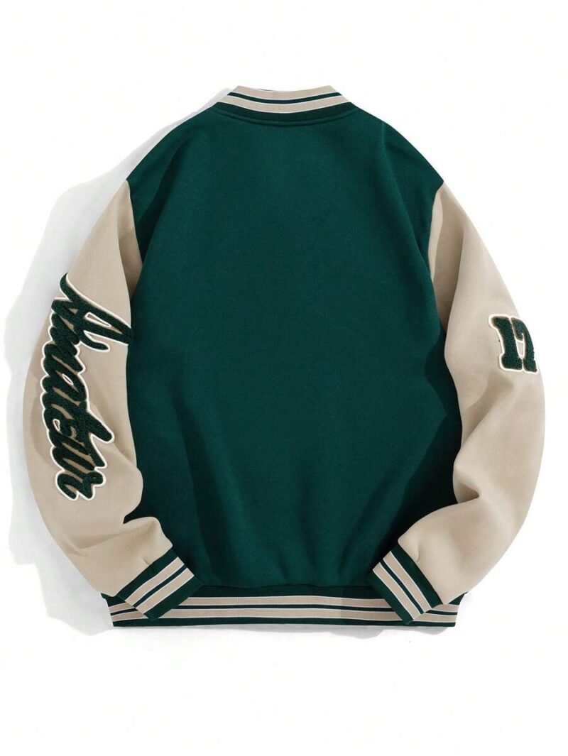Letter Graphic Striped Trim Colorblock Varsity Jacket