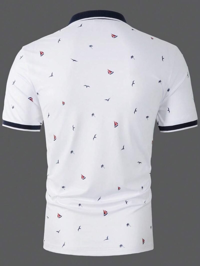 Allover Print Contrast Trim Half Button Collar
