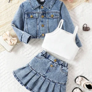 Girl Fashionable Denim Jacket Outfit Including Long Sleeve Denim Jacket