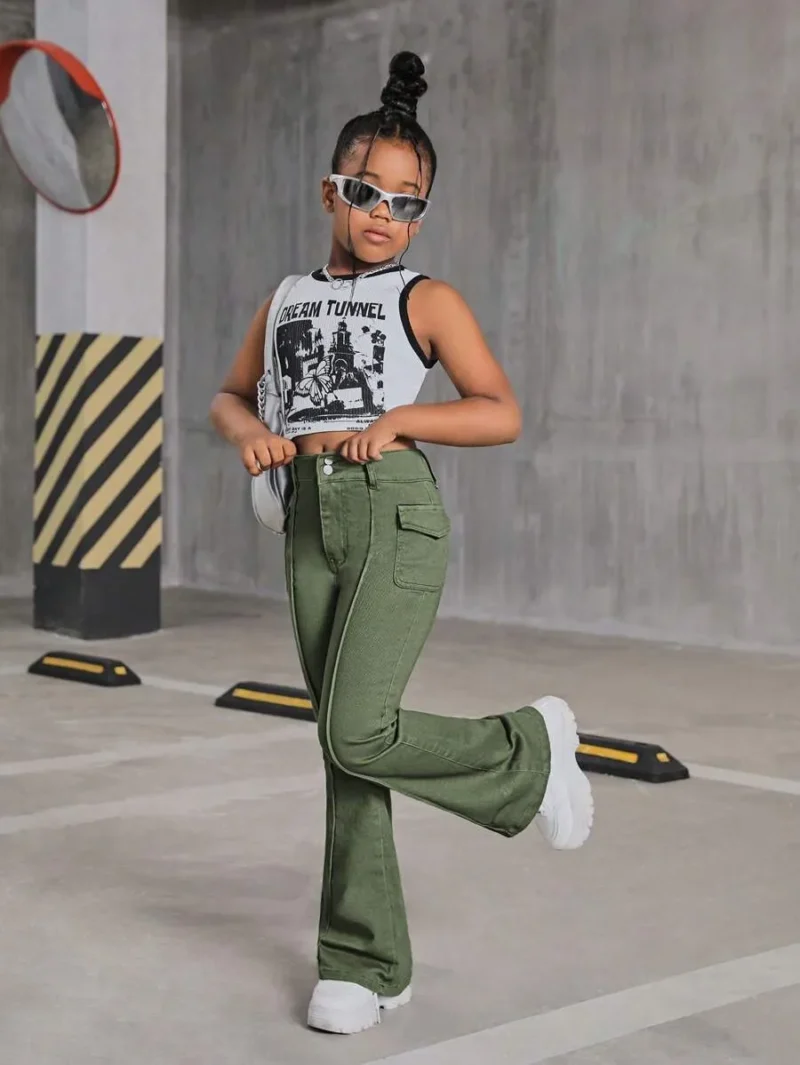 Grey Flap Detail Seam Detail Denim Flare Leg Jeans Pants