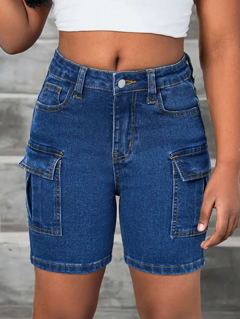 Casual Washed Tight Elasticity Denim Cargo Jeans Long Shorts