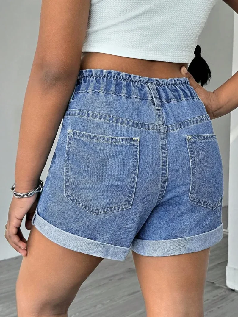 Light Blue Casual Straight Leg Roll Up Hem Denim Shorts