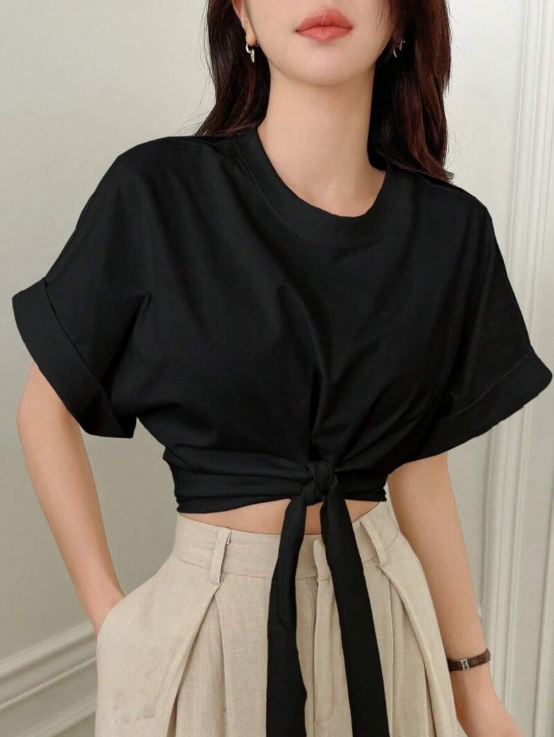 Solid Color Round Neck Batwing Short Sleeve
