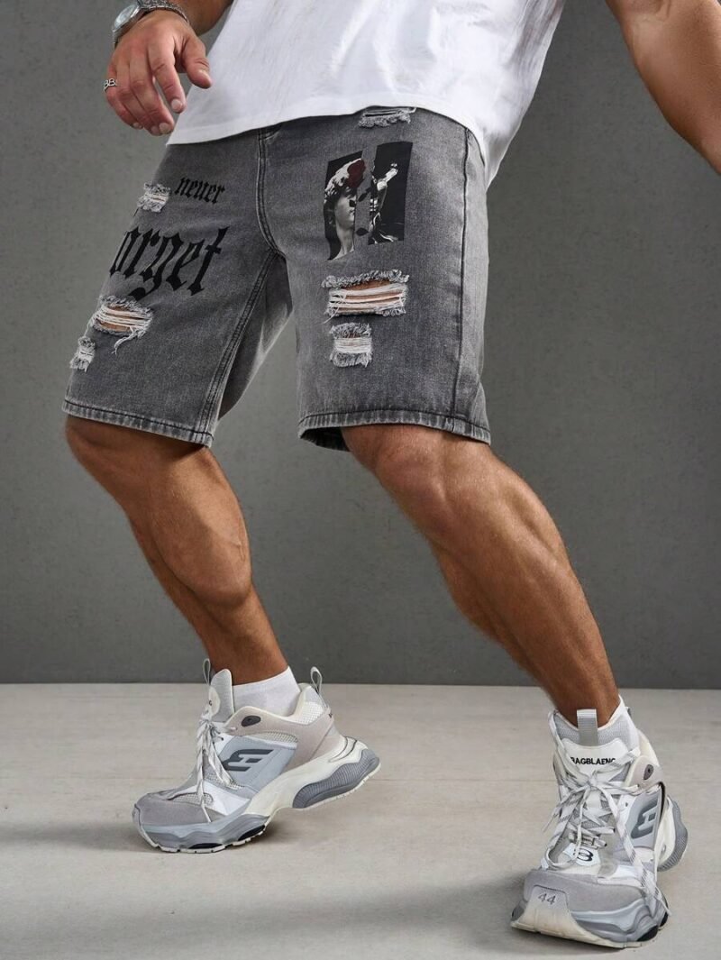 Printed Distressed Denim Shorts With Pockets