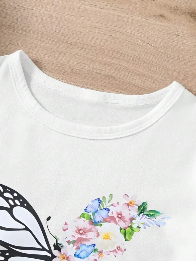 Butterfly & Flower Printed Short Sleeve T Shirt
