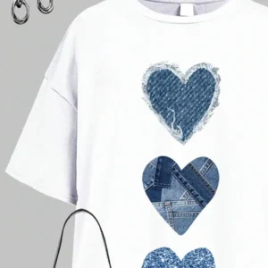Heart Print Casual Simple Short Sleeve Loose T Shirt