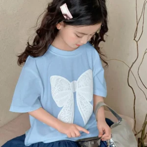 Small Round Neck Knit Short Sleeve Butterfly Print T Shirt