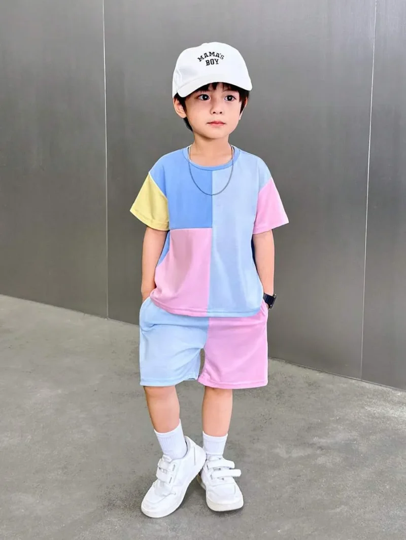 Versatile Contrast Color Patchwork Short Sleeve Top