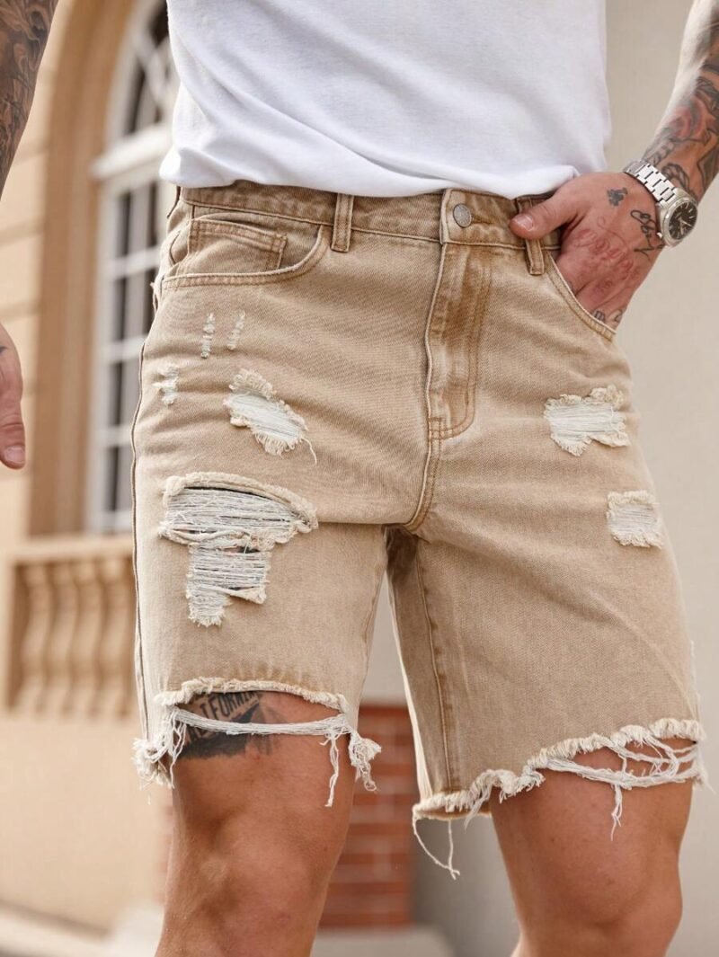 Slim Fit Straight Leg Khaki Denim Shorts