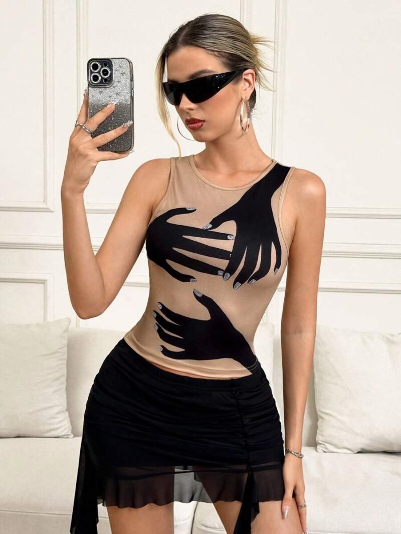 Sleeveless Printed & Rhinestone Embellished Tank Top