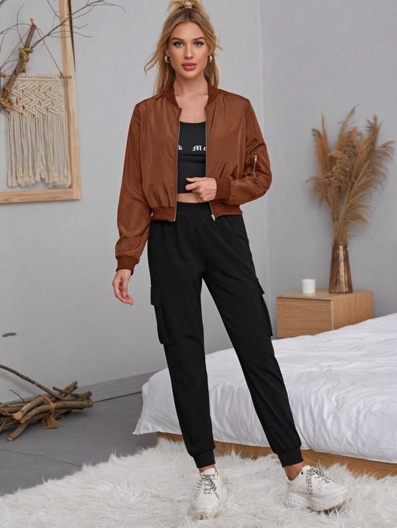 Casual Ribbed Patchwork Zipper Short Jacket