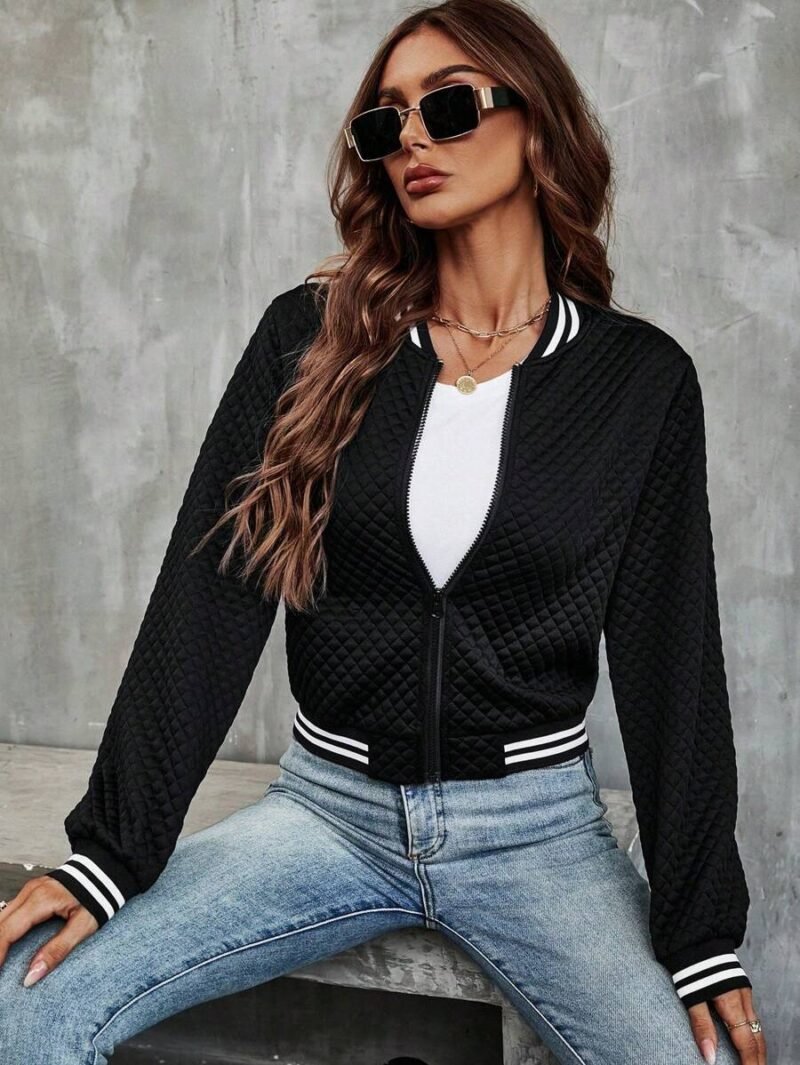 Striped Trim Zip Up Bomber Jacket