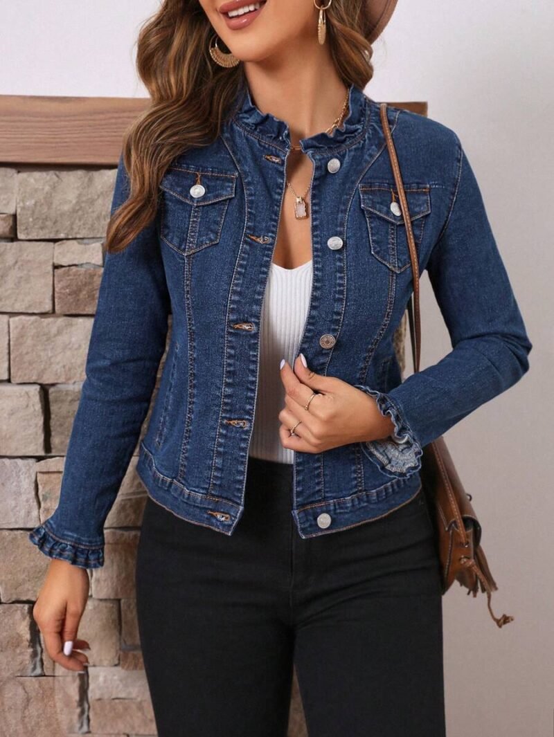 Denim Jacket With Lapel Collar And Button