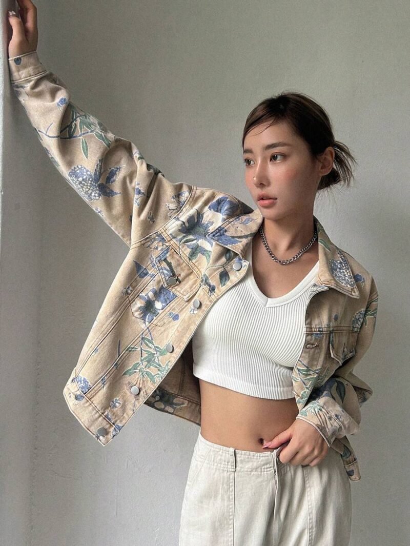 Floral Print Drop Shoulder Denim Jacket