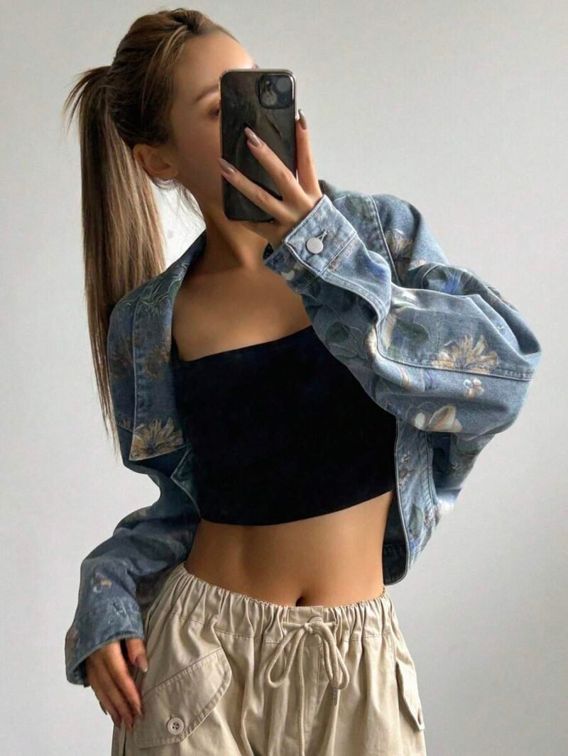 Floral Printed Open Front Denim Jacket