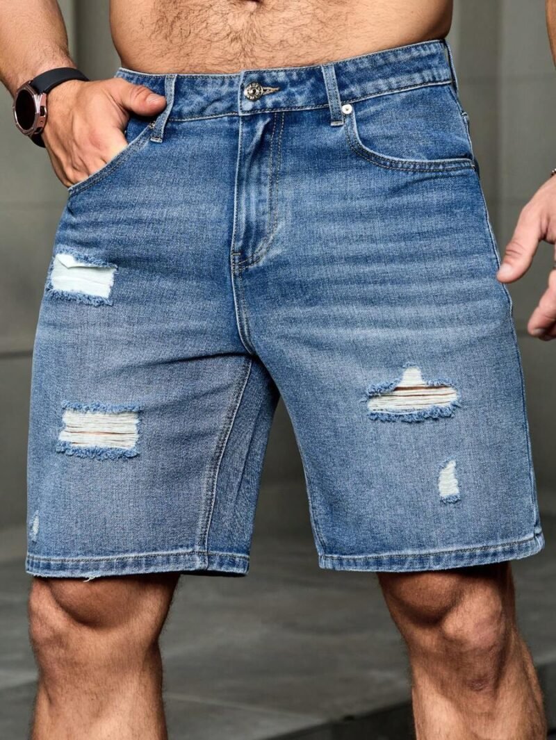 Washed Ripped Plain Light Blue Denim Shorts
