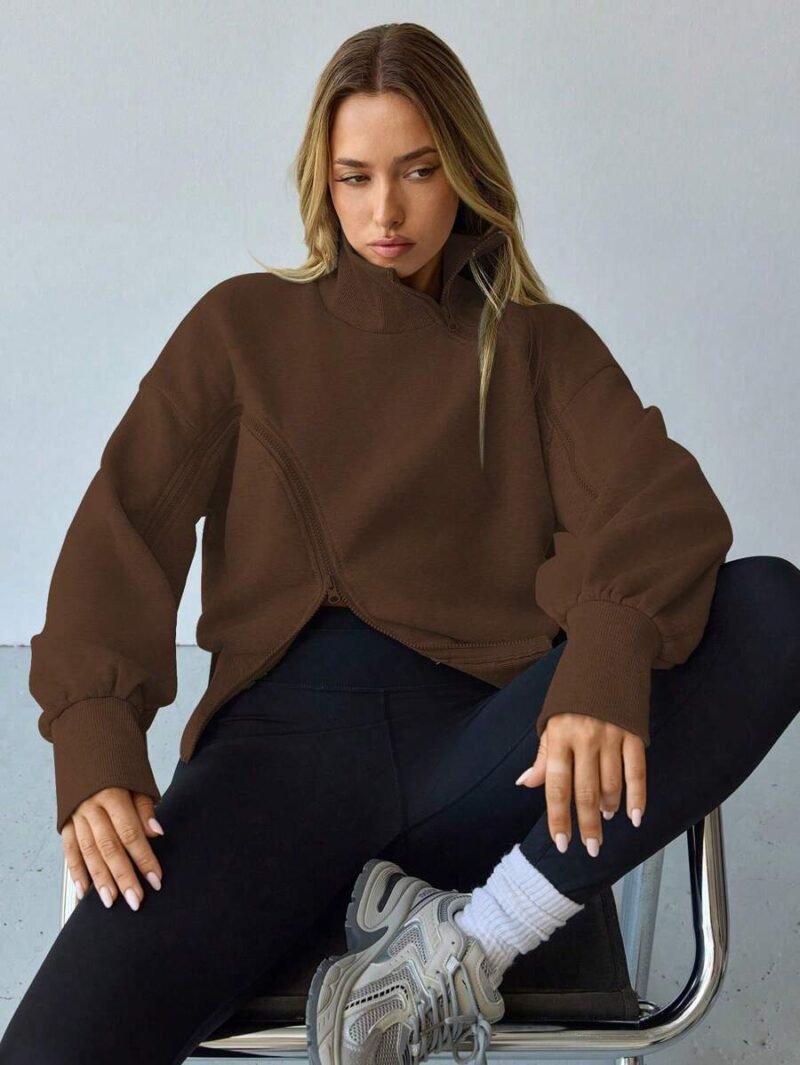 Lantern Sleeve Zip Up High Neck Fleece Hoodie Jacket
