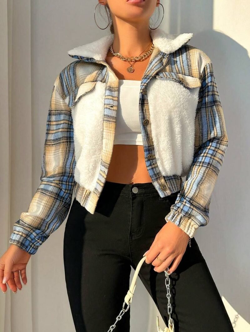 Plaid Print Borg Collar Teddy Jacket
