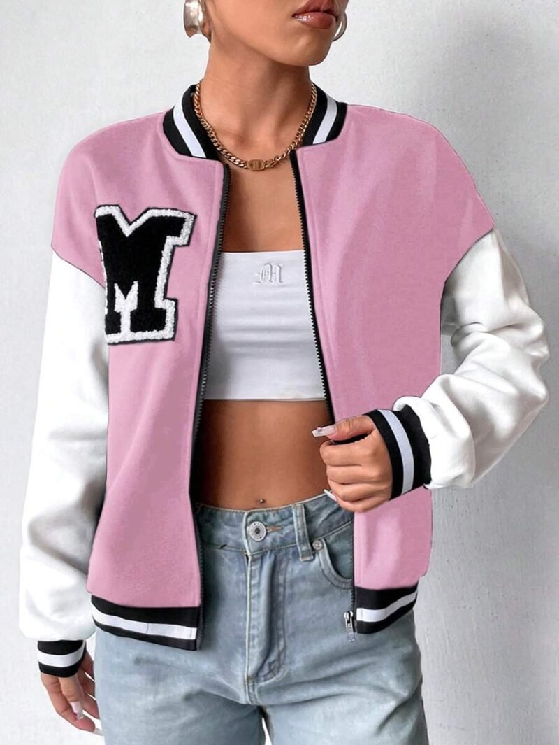 Casual College Style Color Block Letter Patchwork Baseball Jacket