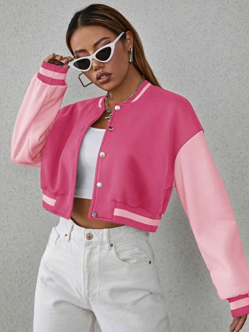 Drop Shoulder Two Tone Crop Varsity Jacket
