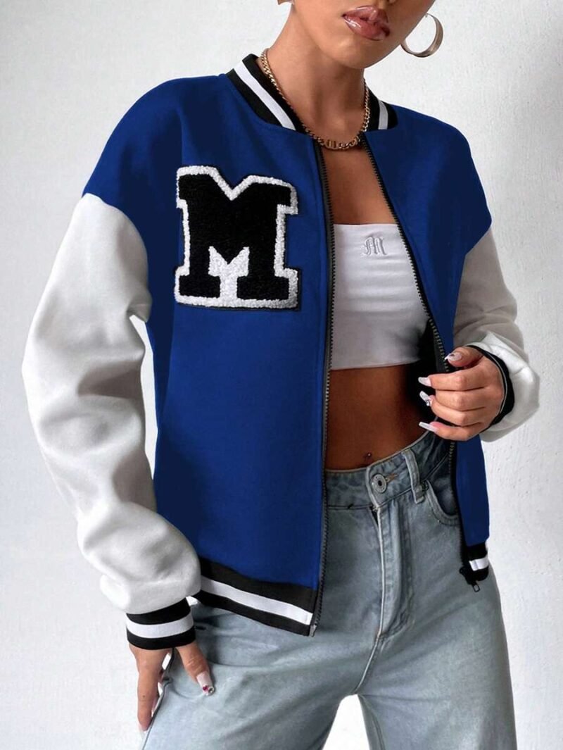 Letter Patched Striped Trim Drop Shoulder Two Tone Varsity Jacket