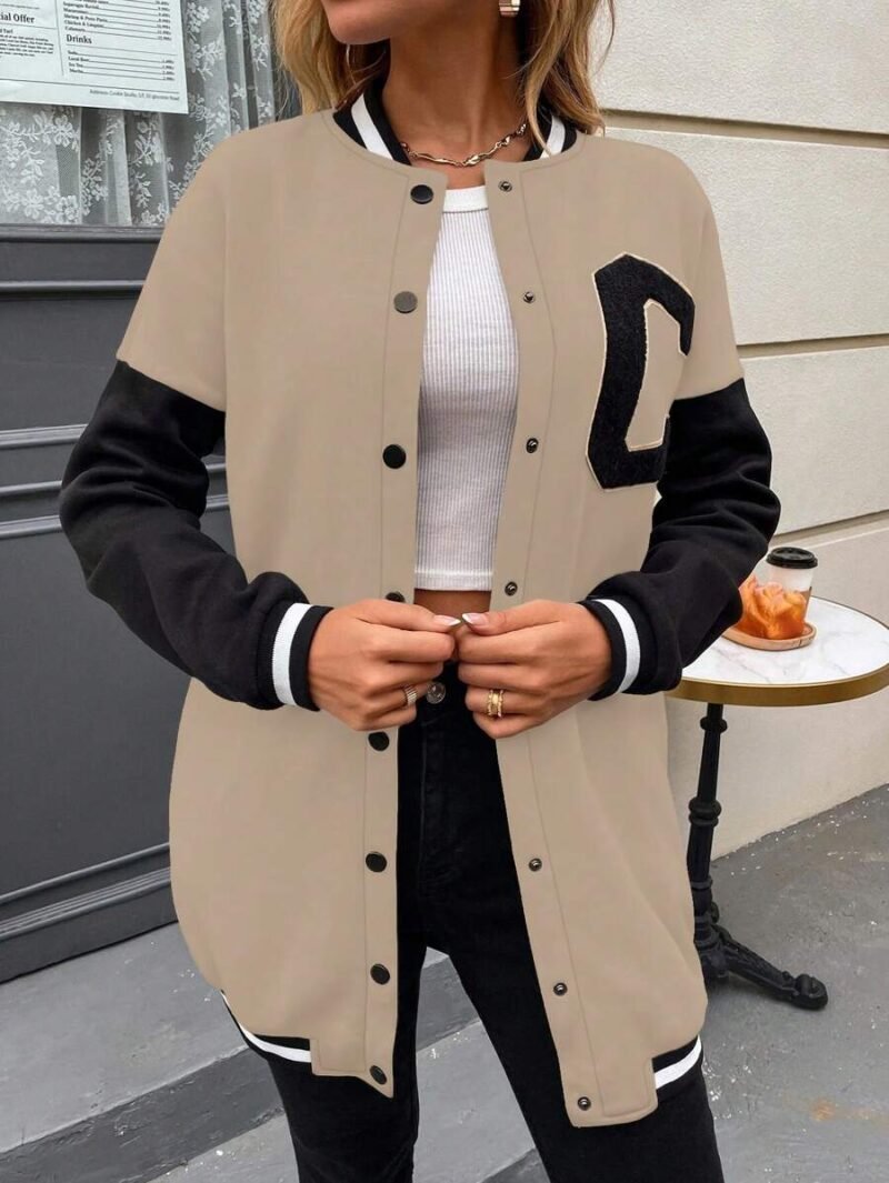 Letter Patched Striped Trim Drop Shoulder Varsity Jacket