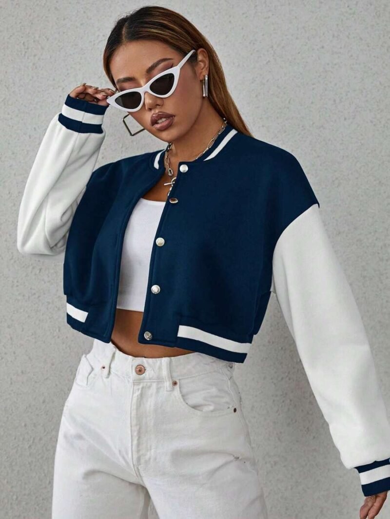 Two Tone Drop Shoulder Crop Varsity Jacket