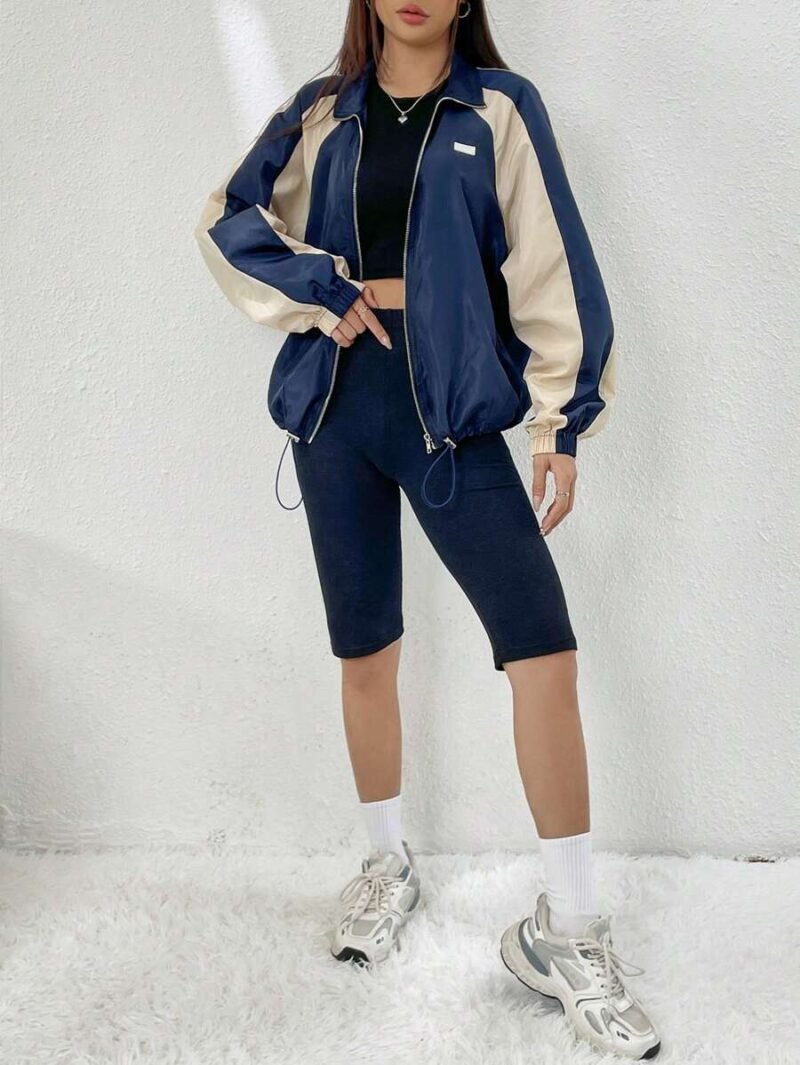 Colorblock Raglan Sleeve Drawstring Hem Zip Up Windbreaker