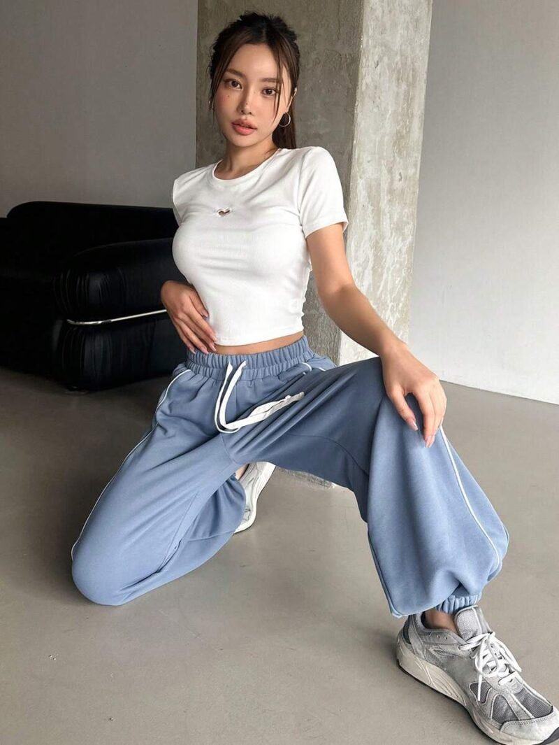 Drawstring Waist Spliced Side Seam Elastic Cuffed Pants