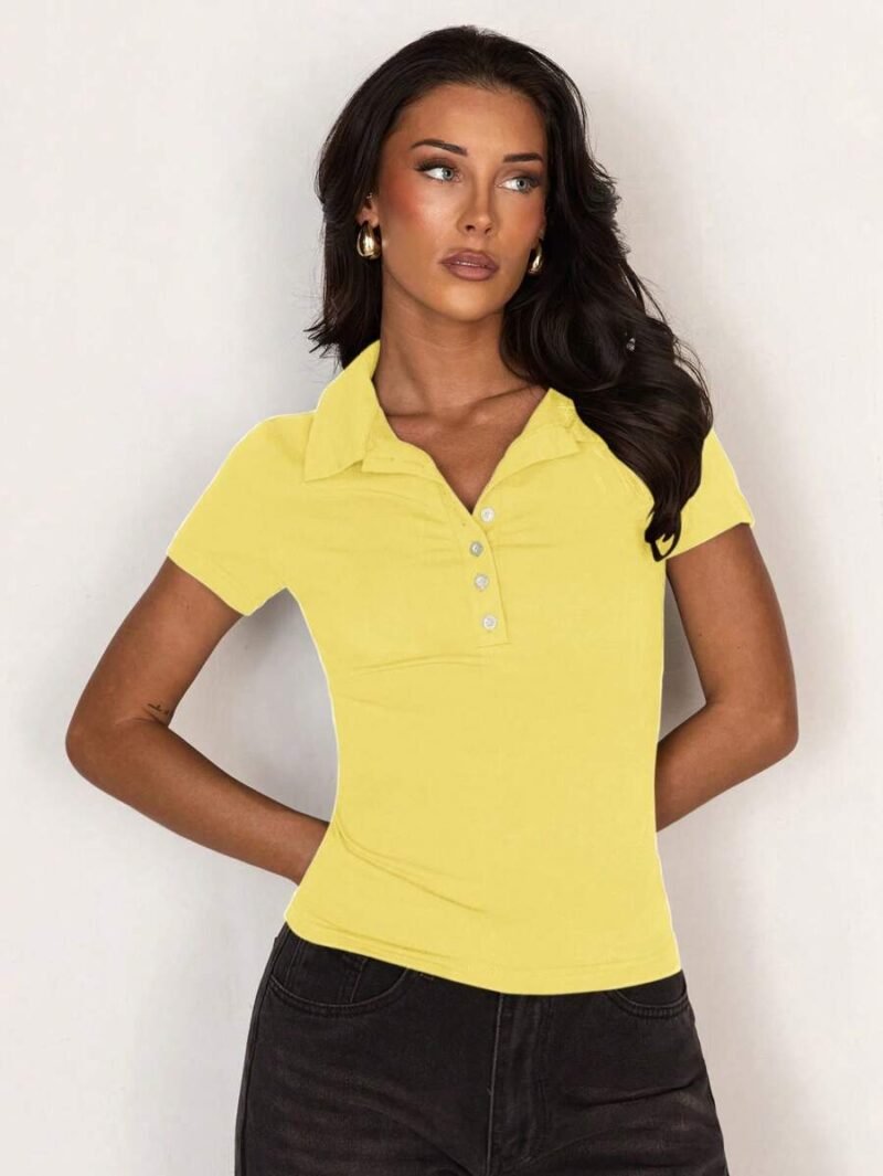 Polo Collar Button Tight Fitted Sporty Bodycon Minimalist Short Sleeve
