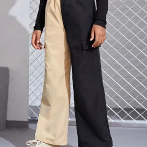 Casual Contrast Color Patchwork Elastic Waist Cargo Pants
