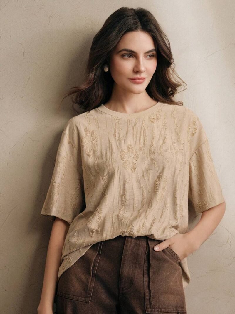 Casual Round Neck Knitted Textured Loose T Shirt