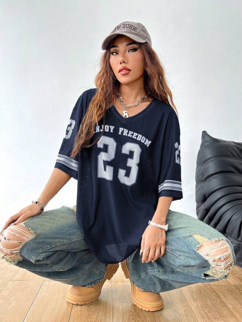 Drop Shoulder Oversized V Neck Football Jersey T Shirt