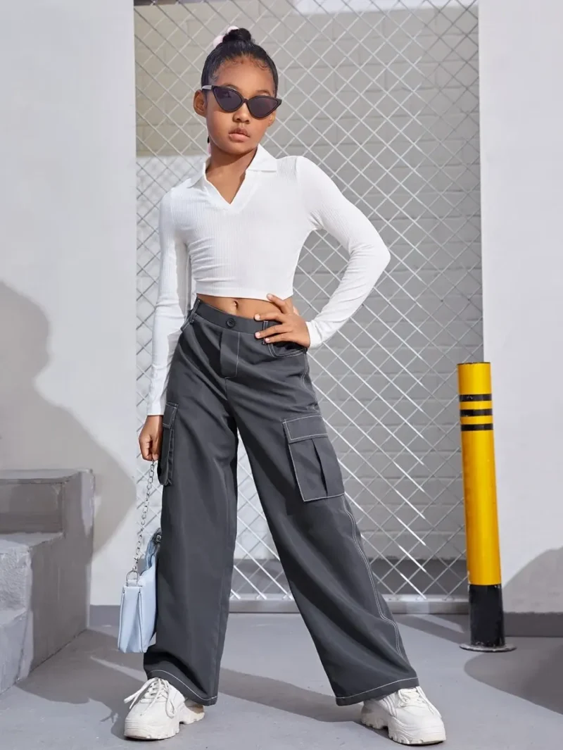 Casual Loose Letter Print Flap Pocket Wide Leg Pants